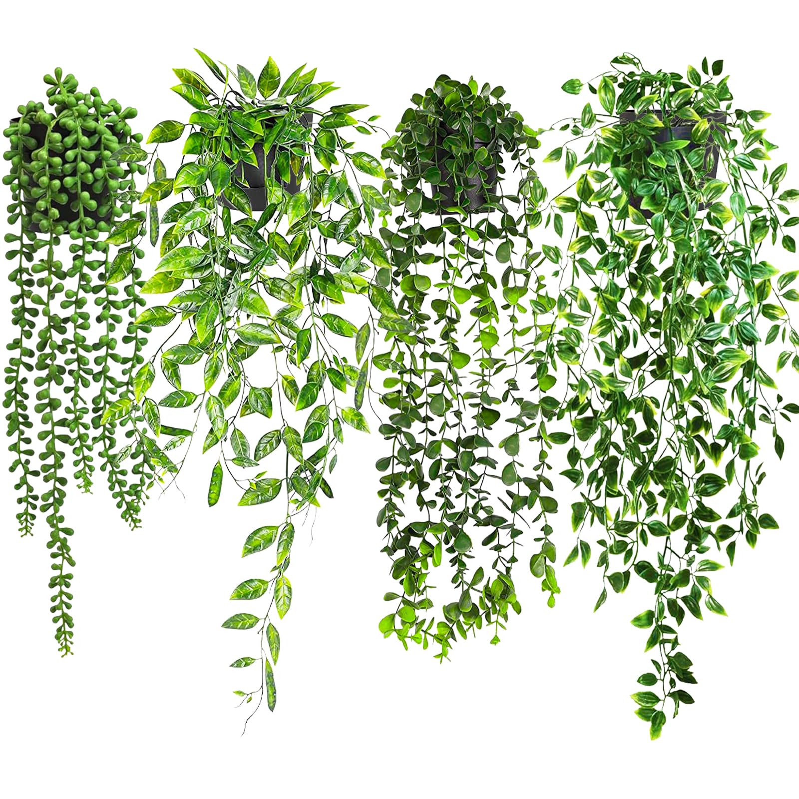SAILSY Artificial Hanging Plants, 4 Pack Fake Plants with Pot, Artificial Plants Indoor Fake Plants Ivy Eucalyptus Vines Greenery Faux Trailing Plants for Home Garden Office Shelf Wall Decoration