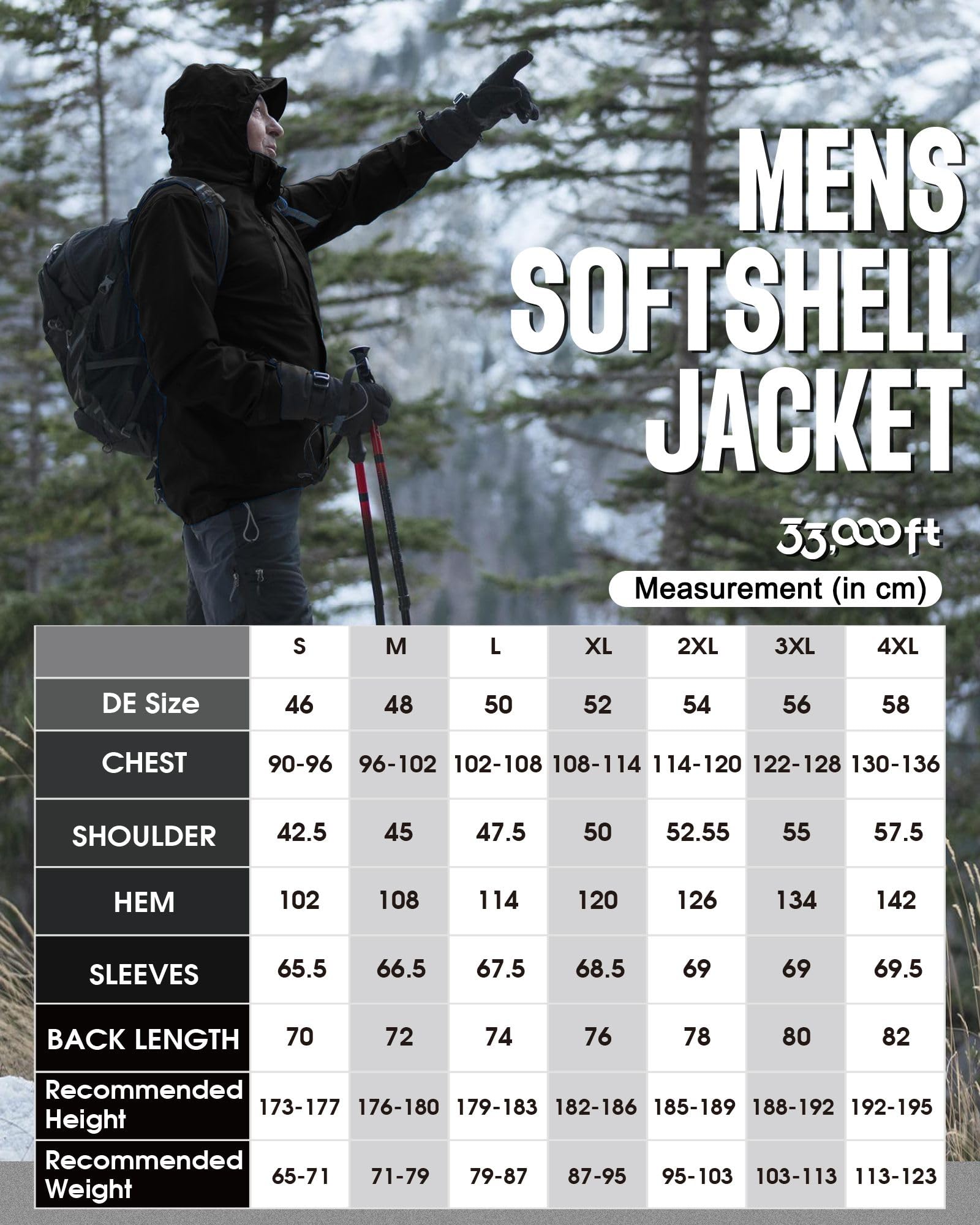 33,000ft Herren Softshelljacke Wasserbeständige Winddichte Funktionsjacke Atmungsaktive Übergangsjacke Leichte Fahhradjacke mit Kapuze Ohne Fleecefutter Schwarz XL 2