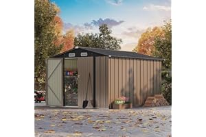 Patiowell 8x10 FT Outdoor Storage Shed, Large Garden Tool Metal Shed with Sloping Roof and Double Lockable Door, Outdoor Shed for Backyard Garden Patio Lawn, Brown