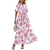 KIRUNDO Women Spring Summer Wedding Guest Boho Floral Maxi Dress Puff Sleeve Button Shirt V Neck Flowy Beach Vacation Dress