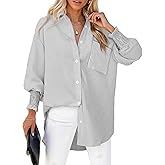 NILOINE Womens Button Down Shirts Smocked Cuffed Blouse Long Sleeve Striped Button Up Shirts Office Work Shirt with Pocket
