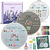 ETSPIL Embroidery Kit for Adult Beginners, 3-Pack 33-Stitch Practice Samplers, Pre-Stamped Patterns, 7.8-Inch Hoop, Threads & Needles, Step-by-Step Guide & Video, DIY Needlework Craft Gift for Women