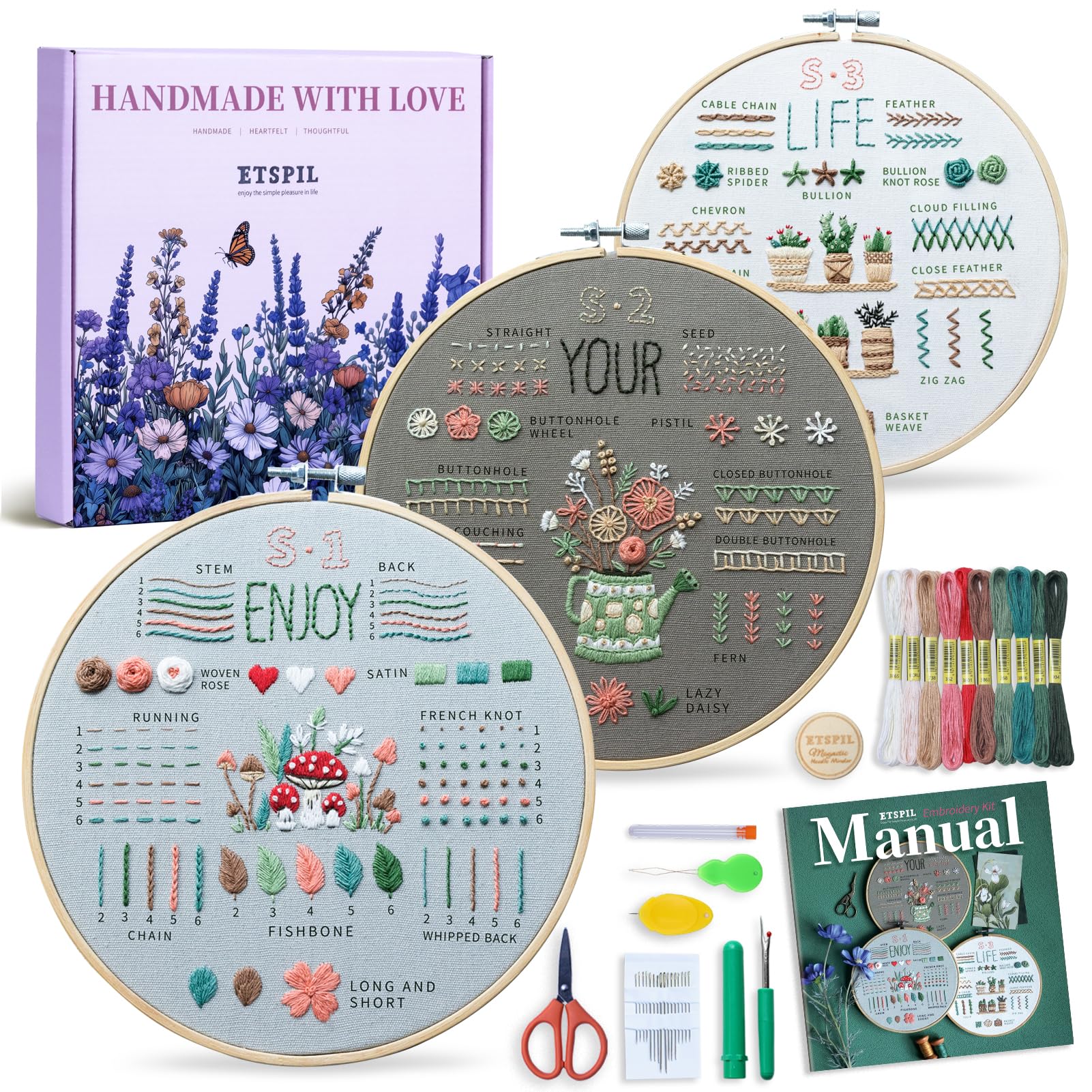 Threadneedle Pack ETSPIL Embroidery Kit for Adult Beginners, 3-Pack 33-Stitch Practice ...