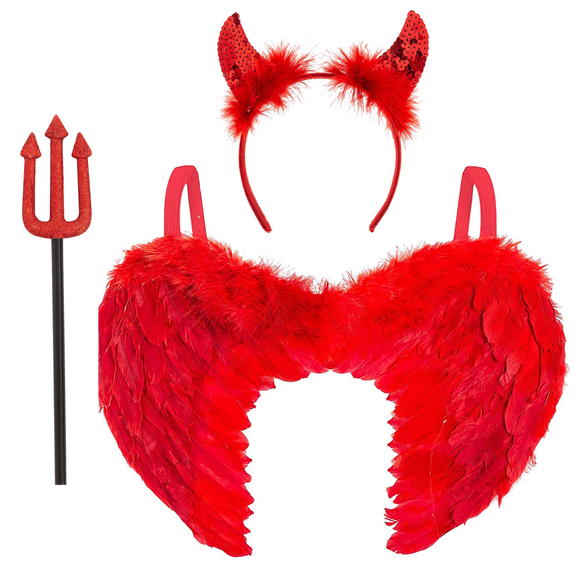 3pc Red Devil Costume Women - Ladies Devil Outfit with Red Angel Wings, Sequin Horns Headband and Pitchfork Kids Halloween Costumes Women Fallen Angel Wings Halloween Fancy Dress Accessories