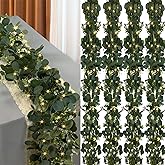 Eucalyptus Garland with Lights, 4 Packs 6FT Green Flower Garland Decor, Artificial Faux Eucalyptus Leaves Greenery Vines for Table Runner Wedding Centerpieces Backdrop Decorations (Warm Color)