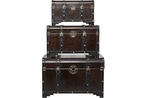 Deco 79 Wooden Decorative Trunk Nesting Upholstered Decorative Large Boxes with Vintage Accents and Studs, Set of 3 Storage Trunks 28", 24", 20"W, Brown, Amber