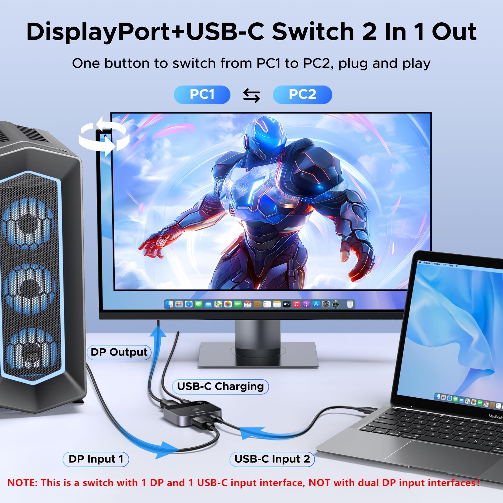 UGREEN DisplayPort USB C Switch 2 In 1 Out DP1.4 Switcher 8K60Hz 4K240Hz 2 PC 1 Monitor Unterstützt des Umschaltens zwischen 1 Desktop-Computer und 1 Laptop Kompatibel mit Windows/Linux/MacOS usw. 2