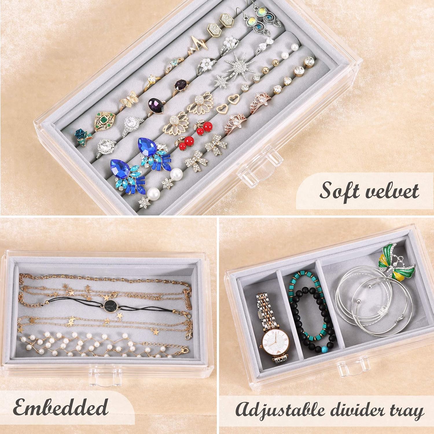 DIJA Acrylic Jewelry Box with 4 Drawers, Velvet Jewelry Organizer for Earring Bangle Bracelet Necklace Rings Clear Acrylic Jewelry Display case, Gray: Home Improvement