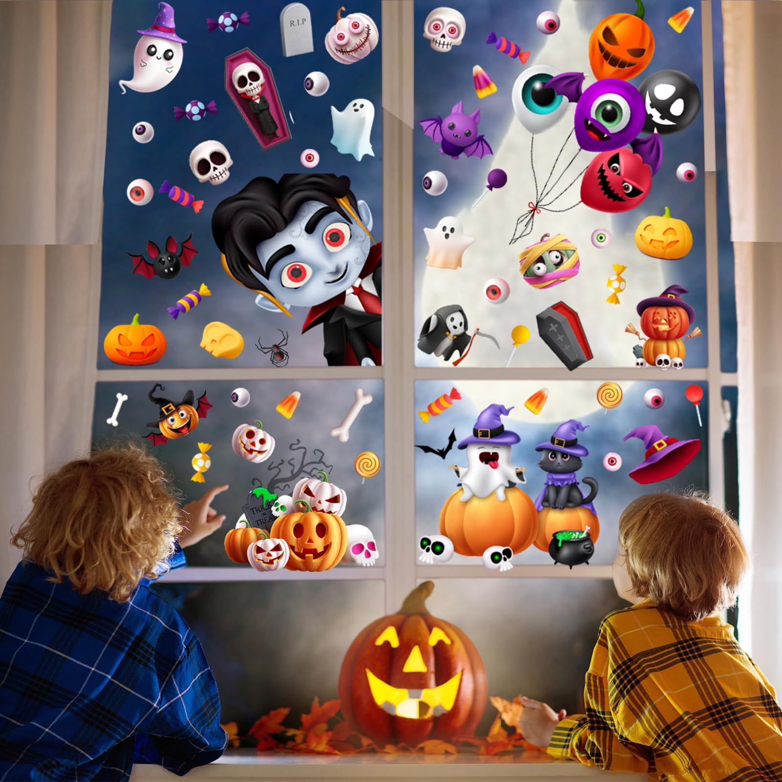 Spooky Halloween Window Clings Decals - 133 Pack Pumpkin Ghost Bat Decor Static Stickers - 8x10 Inch, Reusable & Waterproof for Glass (Fall Decorations)