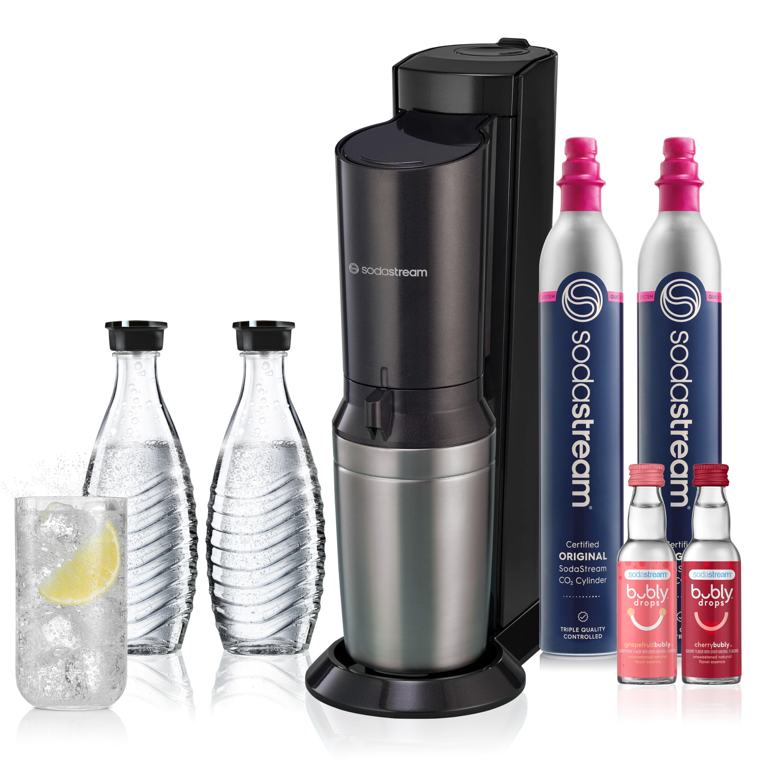 SodaStream - Aqua Fizz Sparkling Water Maker | VALUE BUNDLE | GLASS Carbonator | CQC CO2 System | Includes 2x Elegant Glass Carafes, 2x CO2 Cylinders, 2x Bubly Flavor Drops | Dishwasher Safe | Black