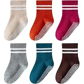 Wamvp Toddler Grip Socks with Non-Slip Unisex Baby Stripe Crew Cotton Socks | Retro Seamless Ankle Socks for Girls Boys 6 Pairs