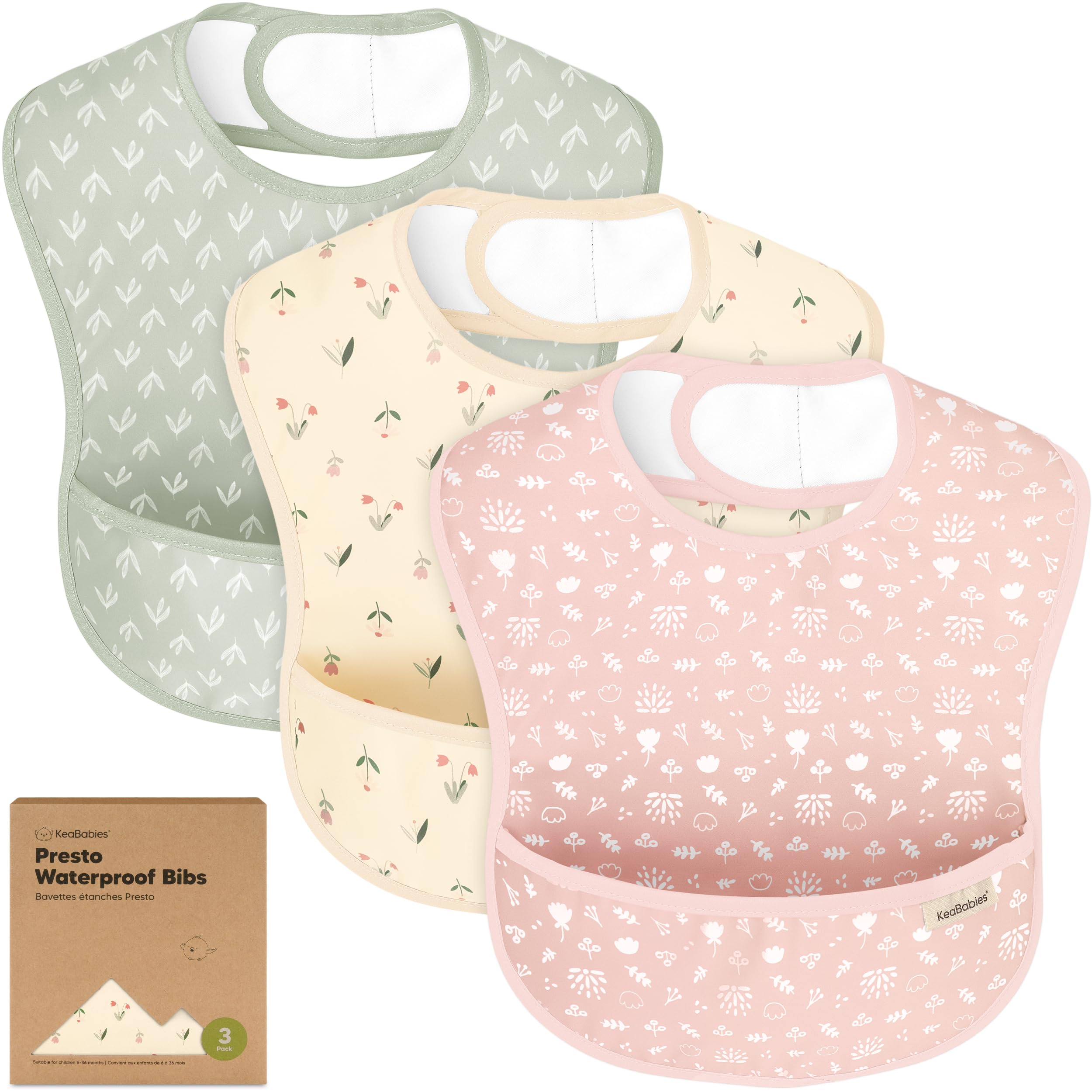 Photo 1 of 3-Pack Waterproof Baby Bibs for Eating - Lightweight Toddler Feeding Bibs with Large Food Catcher, Mess Proof, Food-Grade Baby Eating Essentials, Easy to Put On & Clean (Fleur)