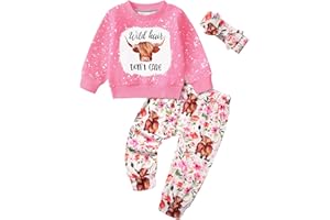 ADIFUN Toddler Girl Clothes Fall Winter Outfits Wild Hair Don't Care Highland Cow Sweatshirt Pants Western Cowgirl Outfit