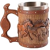 LAUGOKOBE Wooden Barrel Horse Beer Mug, 20oz Stainless Steel Horse Beer Stein Coffee Cup Horses Lover Gifts for Birthday Christmas, Renaissance Accessories Halloween Party Decoration Drinkware Gift