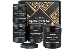 FEIBAO Scented Candle Set for Men, 4 Pack Black Jar Candles with Manly Scents – Amber Patchouli, Magnolia Sandalwood, Cedar Oakmoss, Pine Clove, Soy Wax Aromatherapy Gift for Him, Dad, Husband, Father's Day