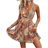 Floerns Women's Paisley Halter Dress Deep V Neck Tie Backless Ruffle Hem Beach Short Dresses