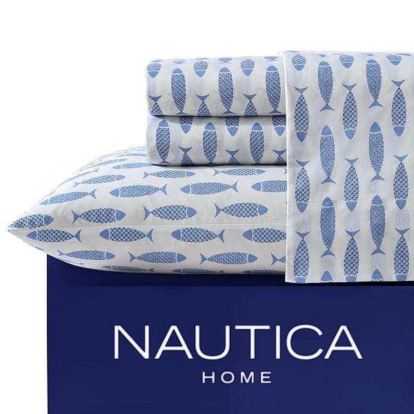 NAUTICA – KING SHEET SET, COTTON PERCALE BEDDING SET, CRISP & COOL, STYLISH HOME DECOR (WOODBLOCK FISH BLUE, KING)