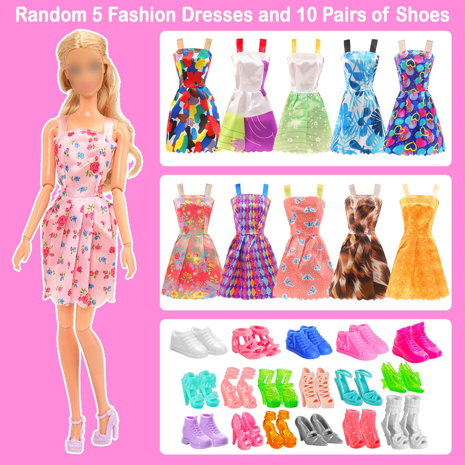 Miunana Lot 37 pcs Random Doll Clothes Shoes Set for 11.5 inch Doll, Includ 5 PCS Boy Doll Clothes + 10 Girl Clothes + 5 Girl Fashion Skirts + 2 Pairs for Boy Shoes + 15 Pairs of Girl Doll Shoes