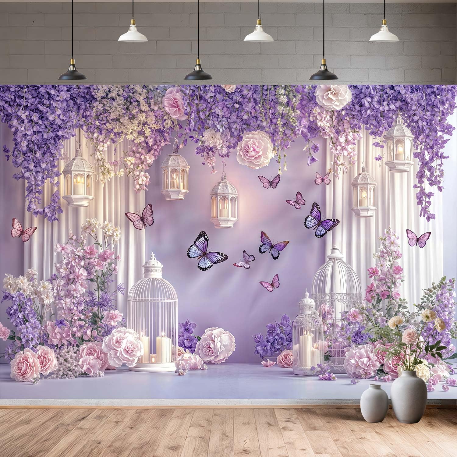 Photo 1 of 10X8ft Purple Butterfly Floral Backdrop for Photography Butterfly Flowers Theme Girls Party Decorations Background Wedding Birthday Baby Shower Party Cake Table Decor Photo Booth Props