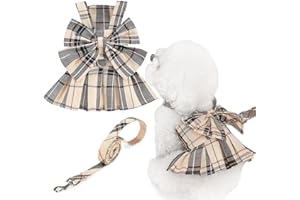 PUPTECK Plaid Dog Dress with Leash - Cute Puppy Harness Clothes for Small Medium Sized Dogs, Outfits for Girl Puppy Wedding Birthday Costume