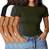 Ficerd 4 Pack Women's Basic Short Sleeve Shirts Slim Fitted Crew Neck Tees Casual Cotton Blend Summer Tops