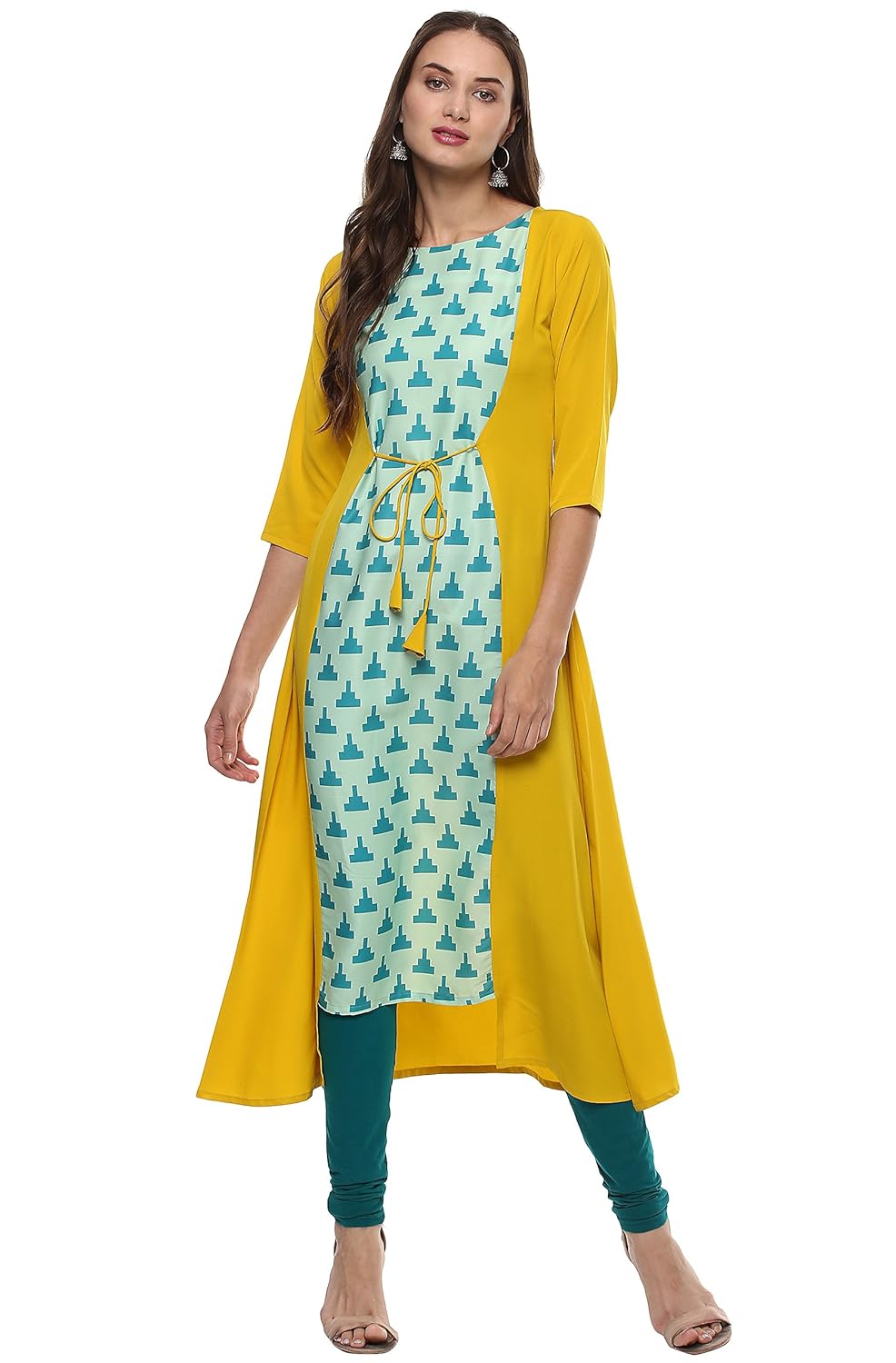 janasya women's polyester a-line kurti (jne1975-kr-309_yellow)