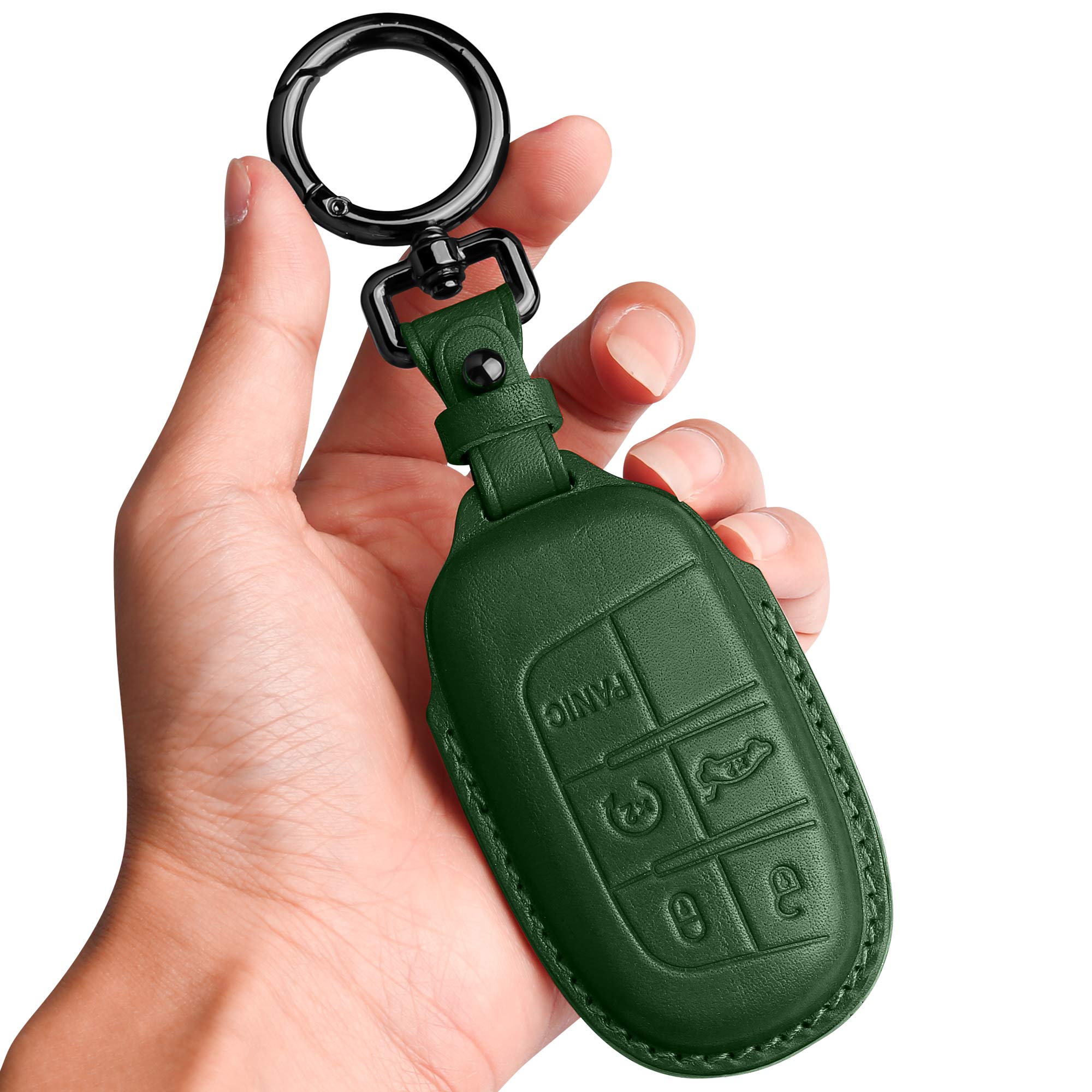 Tukellen for Jeep Key Fob Cover Leather,Leather Key Case Protector Compatible Jeep Grand Cherokee Renegade Chrysler 200 300 Dodge RAM Durango Challenger Journey Dart Fiat (only for Keyless go)-Green