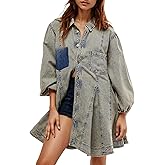 Gozoloma Women's Denim Dress Long Balloon Sleeves Button Down A Line Swing Ruffle Jean Mini Babydoll Dress with Chest Pocket