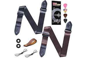AARVI Guitar Strap 2 Pack - Black & Brown Adjustable Thickened Webbing with Leather Buckle for Acoustic/Electric/Bass