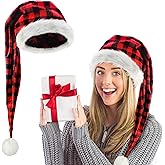 algpty Long Santa Hat for Adult | Red Buffalo Plaid Christmas Hats,Xmax Holiday Hats for Party, Fluffy Plush Santa Claus Hats