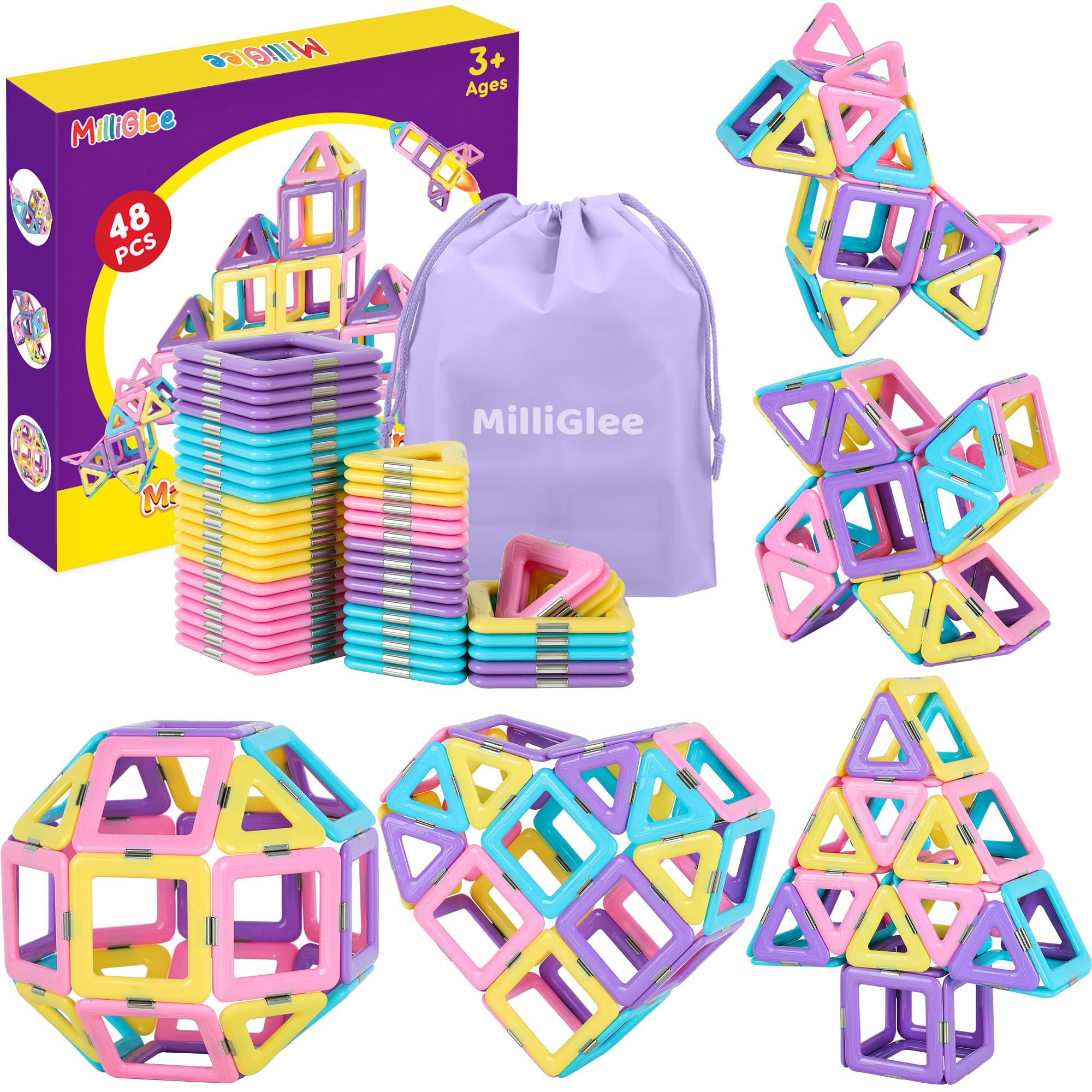 MilliGlee Magnetic Building Blocks - 48PCS Magnetic Tiles with Storage Bag for Kids Aged 3-12