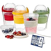 Crystalia 4 Pack 20 oz On The Go Yogurt Parfait Cups with Lids & Spoons, BPA FREE Reusable Yogurt Containers, Take and Go Yogurt Cup with Topping Cereal or Oatmeal Container, Colorful Set