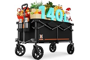 Navatiee 140L Collapsible Folding Wagon, Large Capacity Foldable Wagon with Silent All-Terrain Wheels, Utility Grocery Cart for Camping Shopping Outdoor, Black