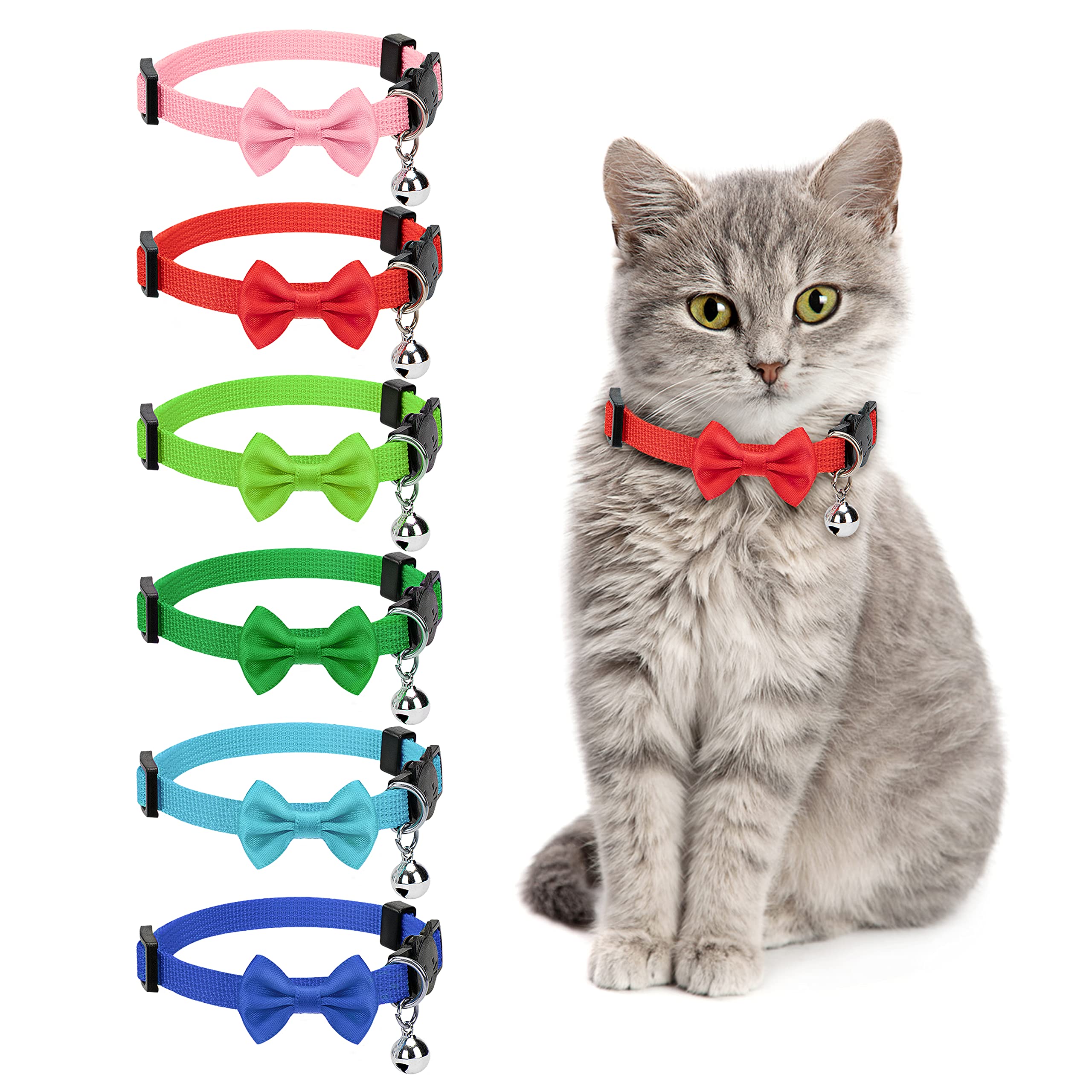 Cat Collar Quick Release Safety Collars Adjustable Kitten Collar with Bell and Detachable Bow Tie for Kitten Cats Puppy Small Pets 6 Pack
