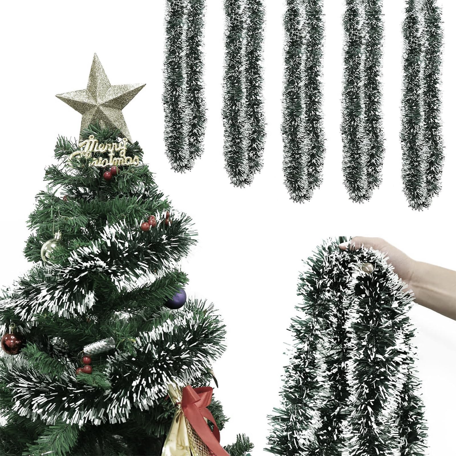Christmas Decorations Tinsel Garland,33Ft Thick Xmas Tree Black Dark Green-White Hanging Metallic Tinsel Wreath Home Party Supplies For Holiday Indoor/Outdoor Wall Door Fireplace Stair Office Decor
