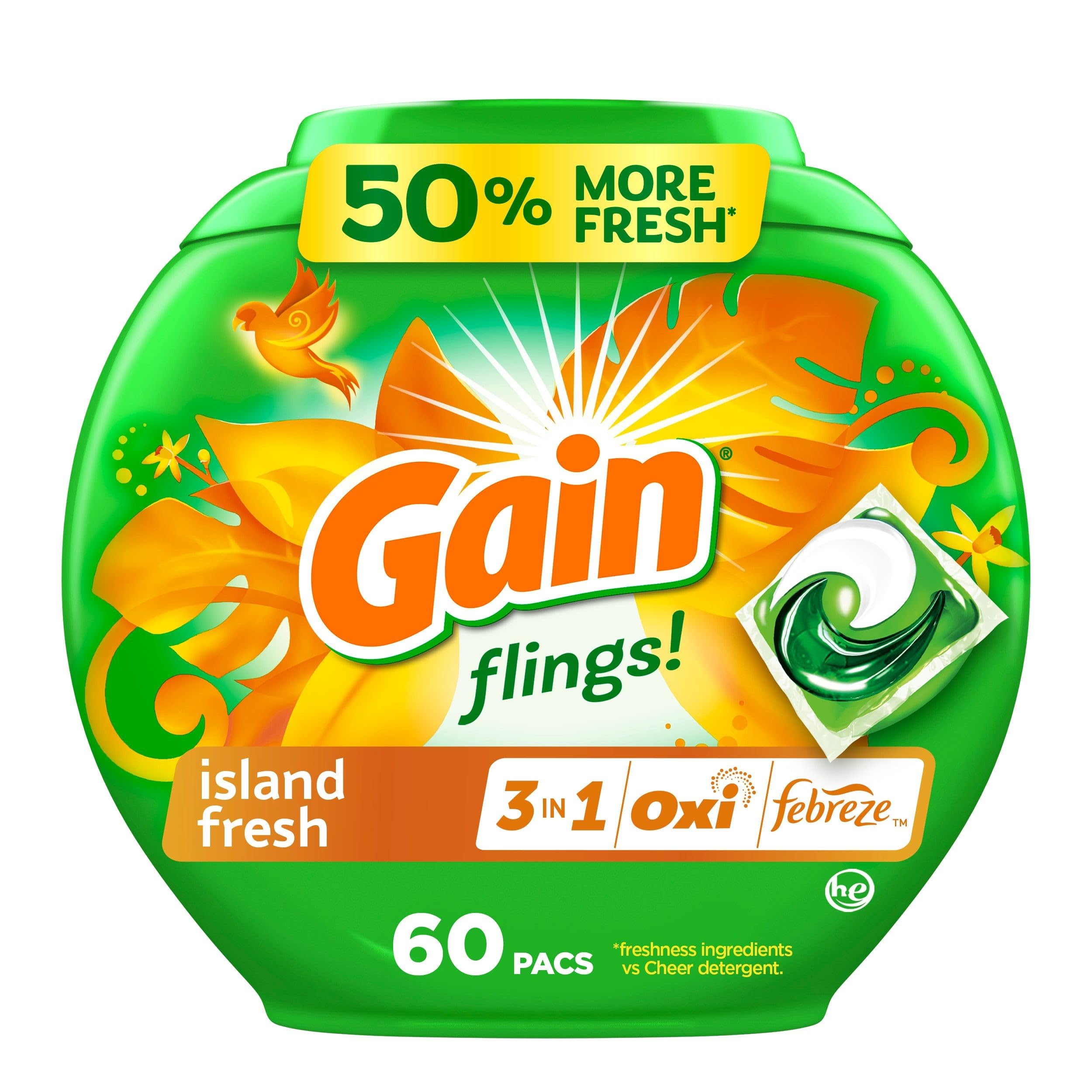 Photo 1 of Gain flings! Laundry Detergent Soap Pacs HE Compatible 60 ct Long Lasting Scent Island Fresh