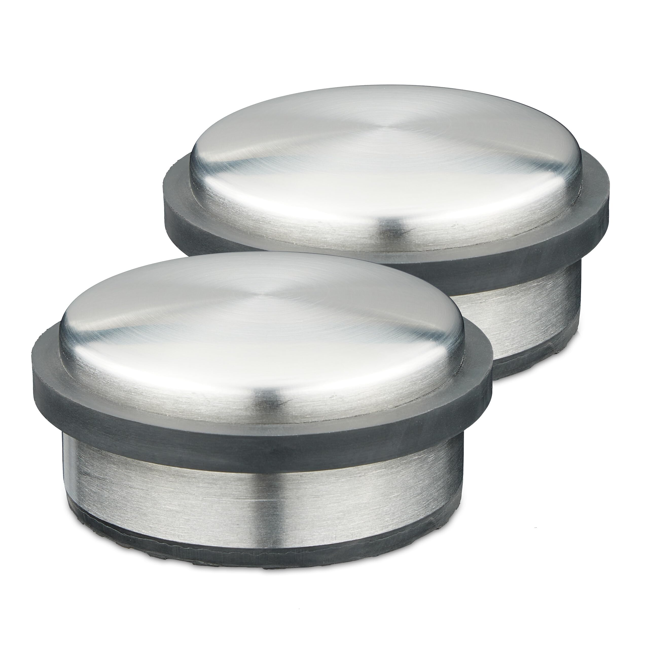 Relaxdays Set of 2 Door Bumpers, Stainless Steel, HxØ: 5 x 10 cm, Flat & Heavy, Non-Slip, Slamming Brakes, Silver/Black
