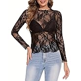 Women Lace Mesh Top,Long Sleeve Mock Neck Sheer Blouse Sexy See Through Floral Lace Tops,Y2K Crop Top Blouse