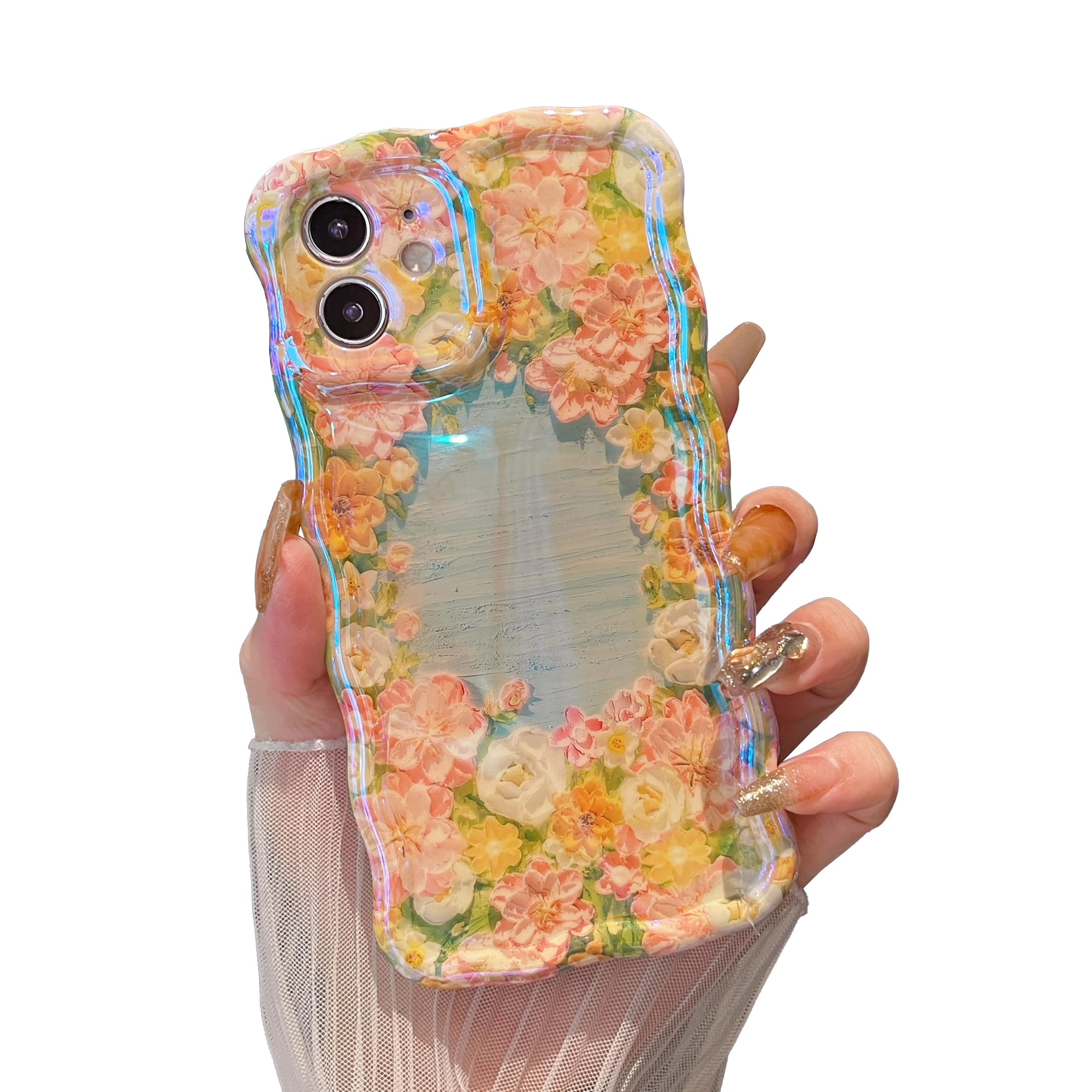 XIZYO Colorful Retro Oil Painting Flower Case for iPhone 12, Curly Wave Frame Laser Glossy Cute Floral Aesthetic Phone Case, for Girls Women Slim Soft TPU Shockproof Phone Cover, Wreath/Blue — image 1