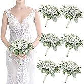 Wedding Artificial Bridesmaids Bouquets Set of 6- Faux Babys Breath White Fake Gypsophila Bouquet for Bridesmaid, Real Touch Small Bouquet for Bridesmaids Wedding Bridal Shower Centerpieces - 7 Inch