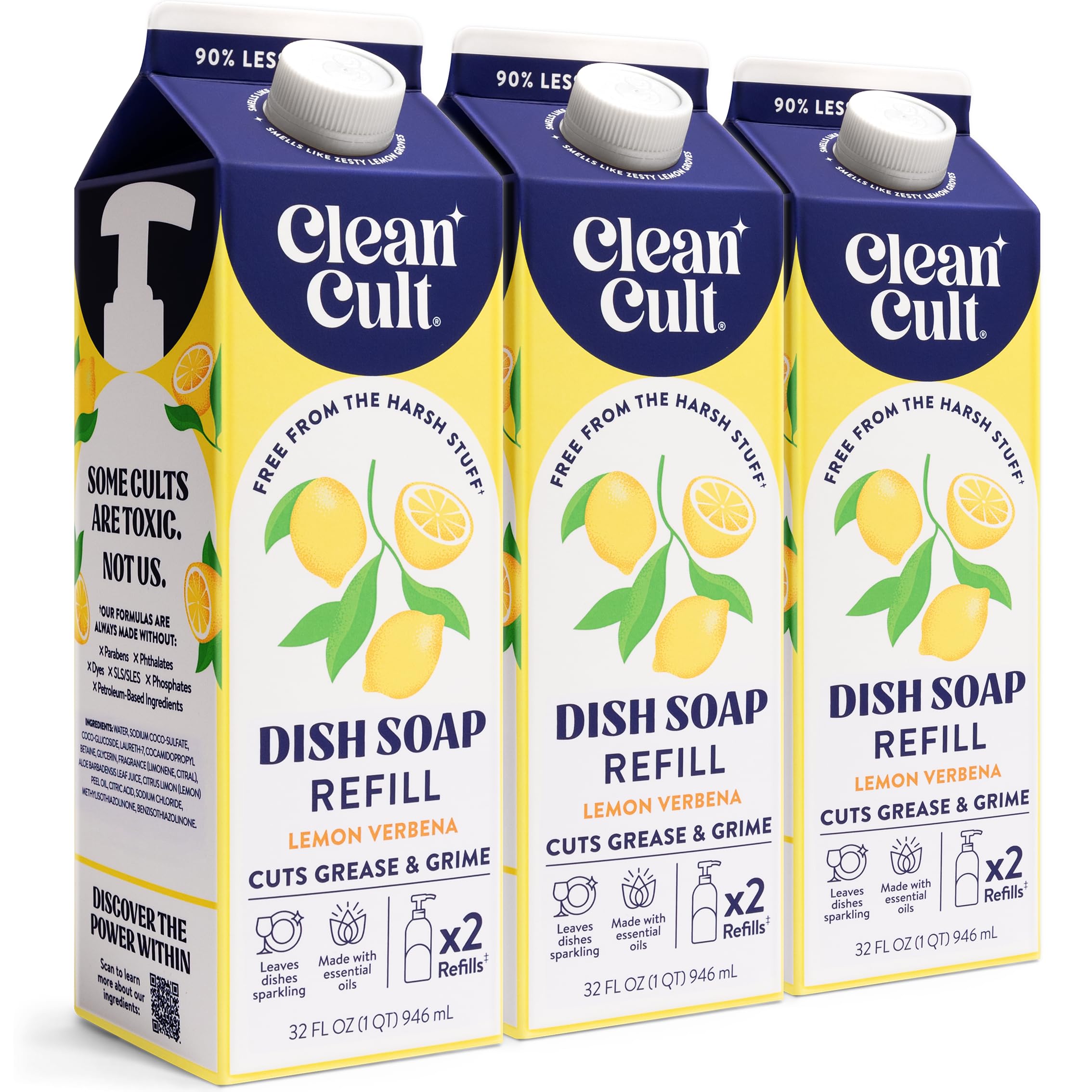 Photo 1 of Cleancult Dish Soap Liquid Refills - Plant Based Cleaning Power - Cuts Grease & Grime - Free of Harsh Chemicals - Uses 90% Less Plastic - Lemon Verbena - 32 oz/3 Pack