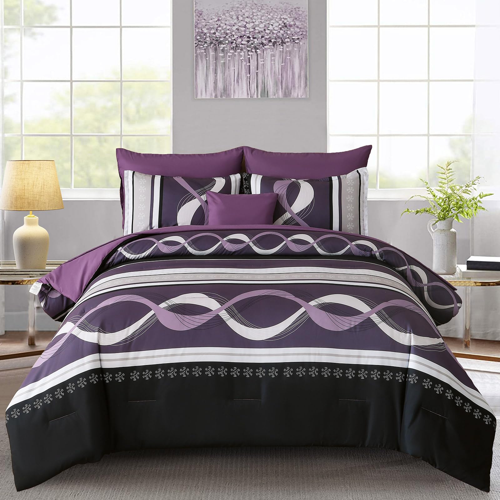 Photo 1 of Anibedding Purple Comforter Set Full Size,8 Pieces Bed in a Bag Patchwork Striped Bedding Sets,Boho Soft Microfiber Bedding Set for All Season(78"×90")