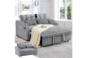 Skepphlay 3 in 1 Convertible Couch, Pull Out Sofa with 3-Level Adjustable Backrest, Sleeper Loveseat Recliner with 2 Pockets and Phone Holder, Velvet Chaise Lounge for Living Room, Full Size, Grey