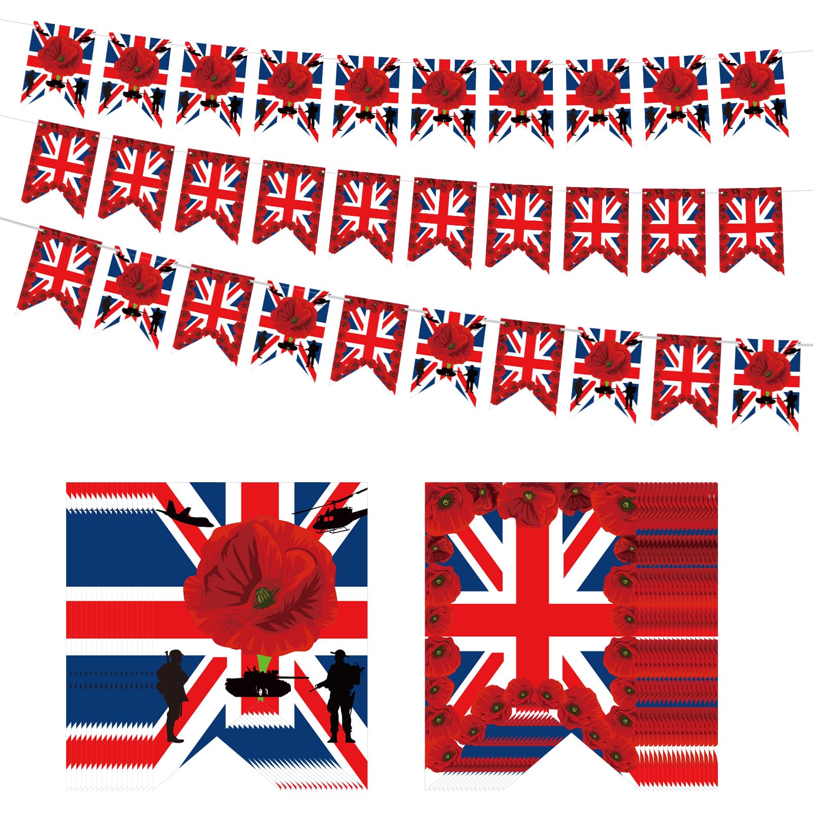 HONMOK 2pack Lest We Forget Flag Bunting, 2025 Victory in Europe 80th Anniversary Decorations, 8m Remembrance Day Flags Bunting, Poppy Sunday Lest We Forget War Soldiers Heroes Flag for Outdoor Indoor