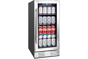 15 Inch Beverage Cooler and Kalamera Refrigerator Under Counter Built-in or Freestanding - 96 Cans Capacity Mini Fridge- for Soda, Water, Beer or Wine - For Kitchen or Bar with Blue Interior Light