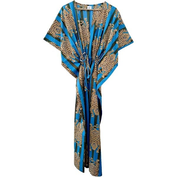 Pranipat Handicrafts Women's Blue Peacock Print Cotton Kaftan Dress - One Size Free Size Beach Cover Up | Nightwear | Maxi Dress - View #9