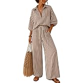 Tanming Women's Striped Matching Sets 2 Piece Fall Outfits(Brown-M) | 3/4 Sleeve V Neck Button Down Henley Shirt, Elastic Waist Wide Leg Pant with Pockets, Stylish Loose Fit for Daily Wear