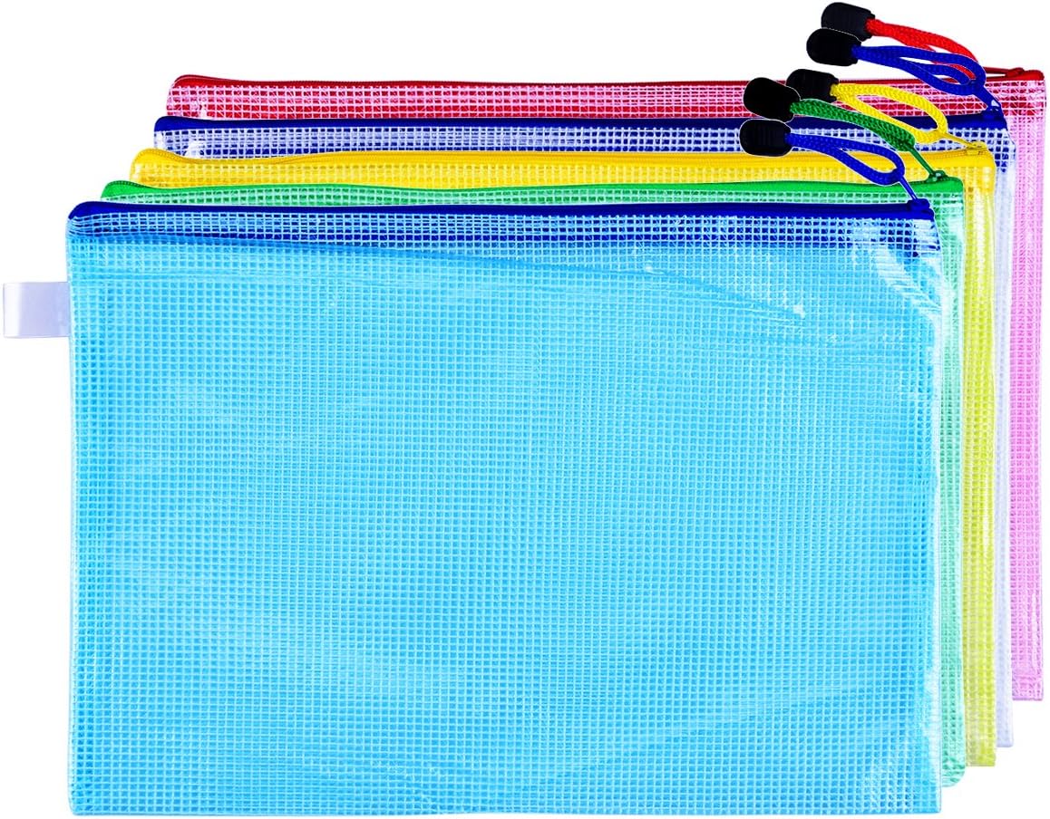 VemMore for 5 Pieces A4 Size Mesh Document Bag Zip Lock File Bag Blue/Transparent/Green/Yellow/Red with Zipper for School and Cosmetics Offices Supplies Homework Storage Travel Accessories, 5 Colors