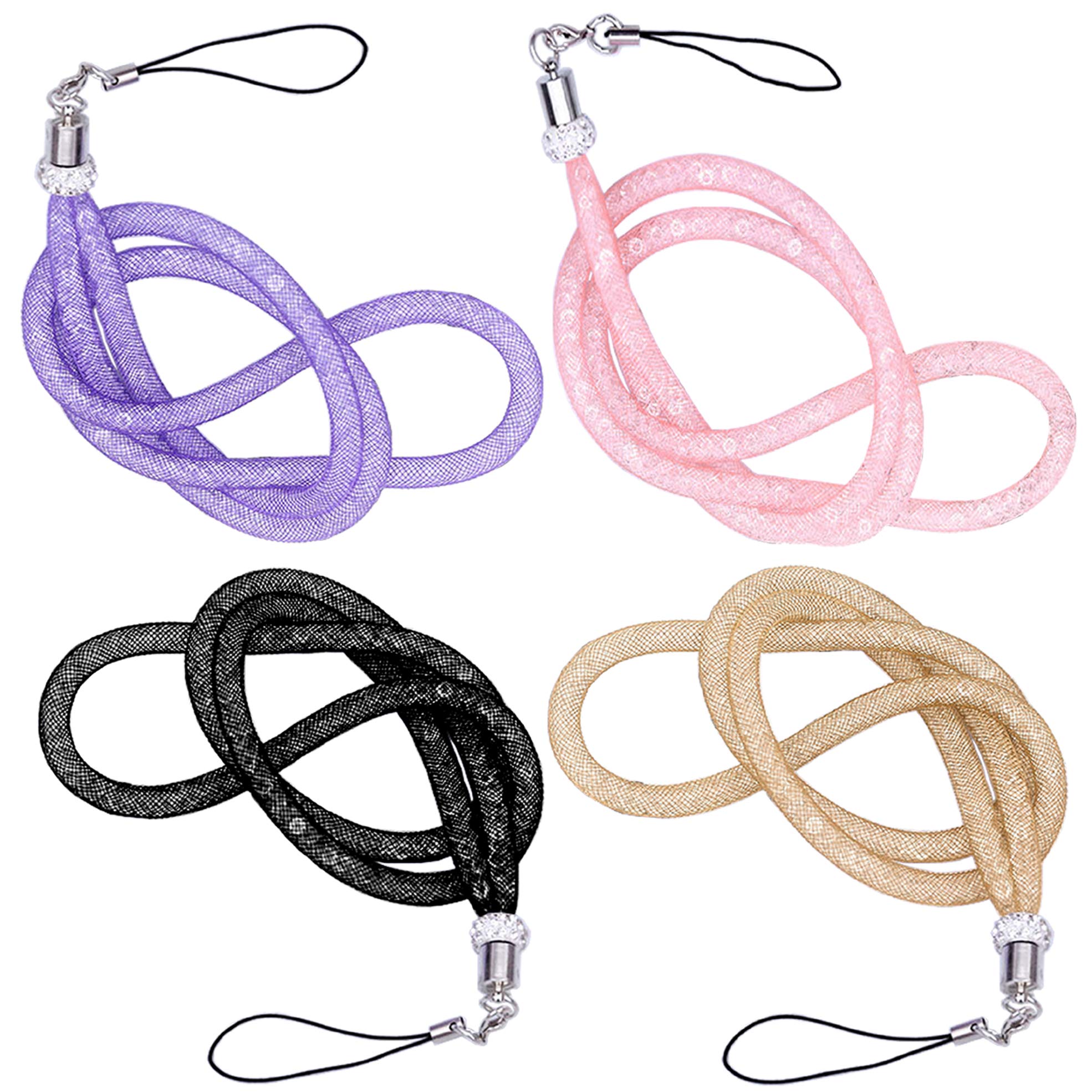 MOTIVE LIFE Lanyard with Fishnet Tube Filled with Sparkly Rhinestones(pack of 4),Bling Strap for Phone,Camera,ID Badge and USB Key,Long,Black-Champagne-Pink-Purple