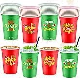Jinei 50 Pcs Christmas Cups 16 oz Disposable Christmas Plastic Party Cups Red and Green Coffee Hot Cocoa and Hot Cold Drinks for Party Favors